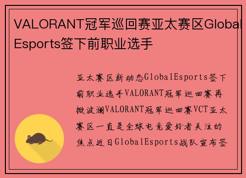 VALORANT冠军巡回赛亚太赛区GlobalEsports签下前职业选手