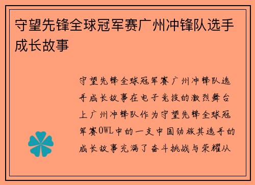 守望先锋全球冠军赛广州冲锋队选手成长故事