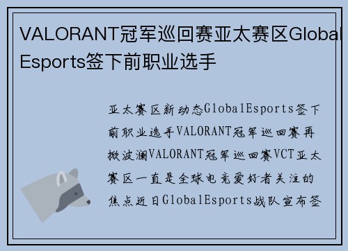 VALORANT冠军巡回赛亚太赛区GlobalEsports签下前职业选手